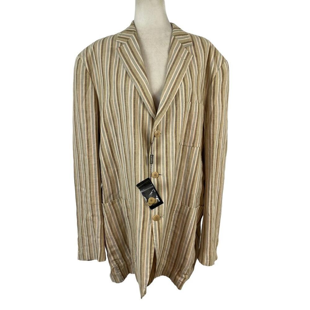 New Bugatchi Men's Three Button Linen Single Breasted Striped Blazer Suit XXL